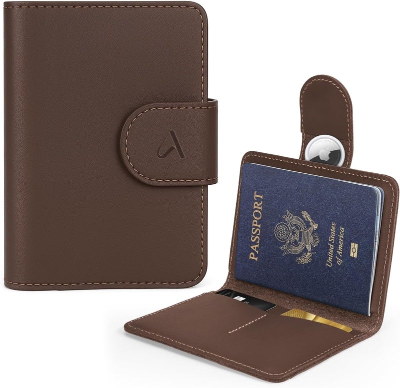 ALLIVE Passport Holder for Travel, Genuine Leather Passport Holder with AirTag Hidden, Rfid Passport Cover Travel Wallet for Airport Essentials, Travel Must Haves Gifts (Coffee Brown) - Image 1